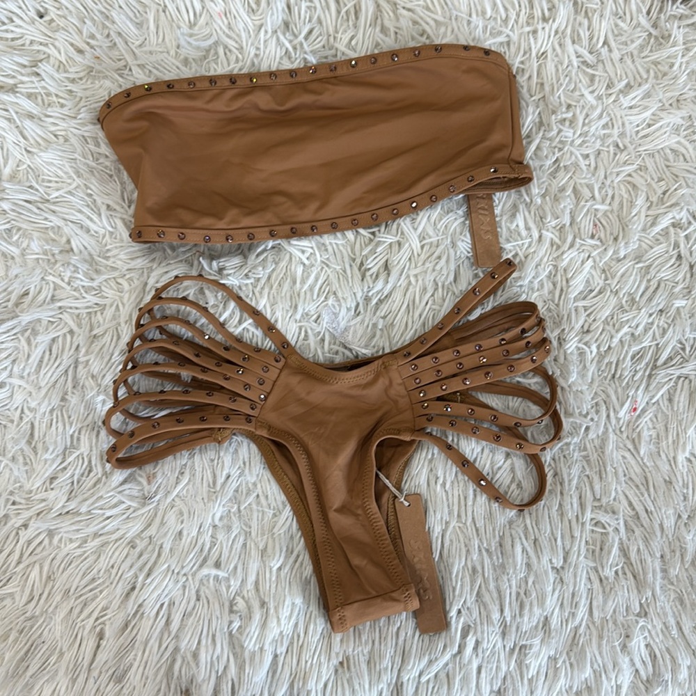SKIMS  Rhinestone Bandeau Bikini Top & Rhinestone Strappy Bikini Bottom Set